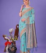 sea green linen cotton with jacquard work and zari weaving saree with blouse