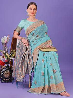 sea green linen cotton with jacquard work and zari weaving saree with blouse 2