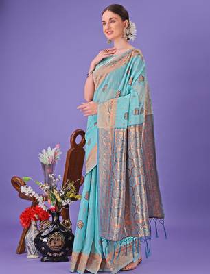 sea green linen cotton with jacquard work and zari weaving saree with blouse 3