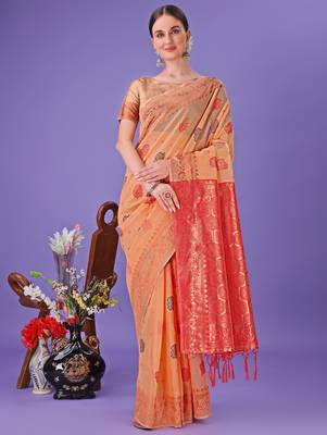 orange linen cotton with jacquard work and zari weaving saree with blouse 1