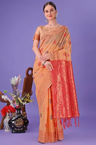 orange linen cotton with jacquard work and zari weaving saree with blouse