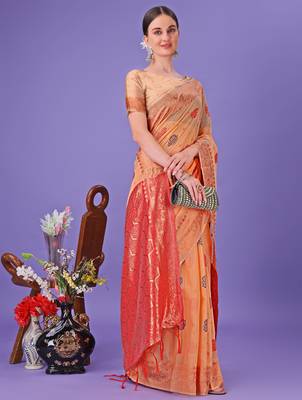 orange linen cotton with jacquard work and zari weaving saree with blouse 2