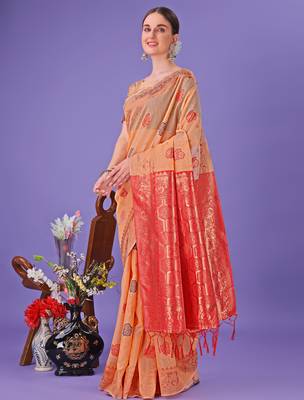 orange linen cotton with jacquard work and zari weaving saree with blouse 3