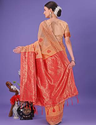 orange linen cotton with jacquard work and zari weaving saree with blouse 4