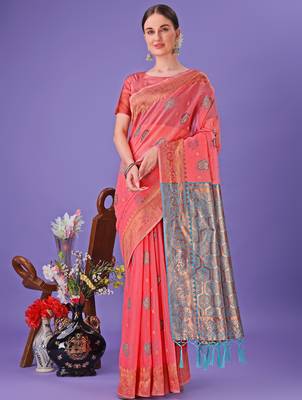 pink linen cotton with jacquard work and zari weaving saree with blouse 1