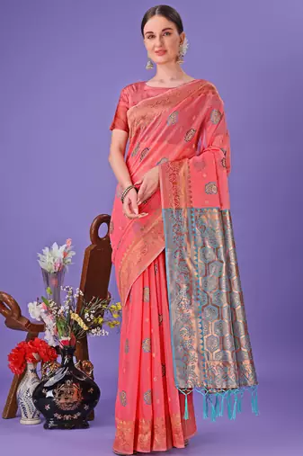 pink linen cotton with jacquard work and zari weaving saree with blouse