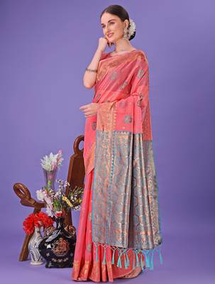 pink linen cotton with jacquard work and zari weaving saree with blouse 2