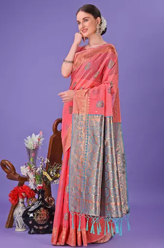 pink linen cotton with jacquard work and zari weaving saree with blouse