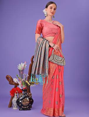 pink linen cotton with jacquard work and zari weaving saree with blouse 3