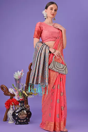 pink linen cotton with jacquard work and zari weaving saree with blouse
