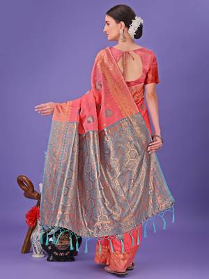 pink linen cotton with jacquard work and zari weaving saree with blouse 4