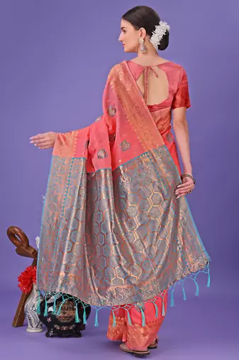 pink linen cotton with jacquard work and zari weaving saree with blouse