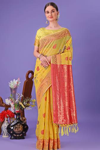 yellow linen cotton with jacquard work and zari weaving saree with blouse
