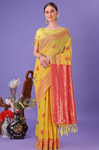 yellow linen cotton with jacquard work and zari weaving saree with blouse