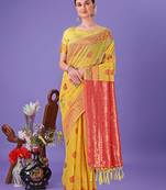 yellow linen cotton with jacquard work and zari weaving saree with blouse