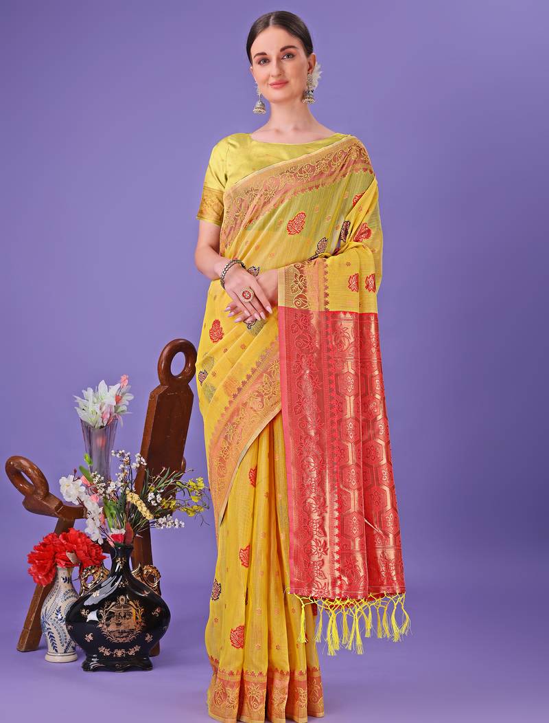 yellow linen cotton with jacquard work and zari weaving saree with blouse