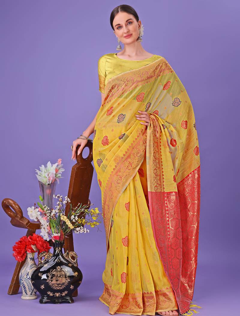 yellow linen cotton with jacquard work and zari weaving saree with blouse