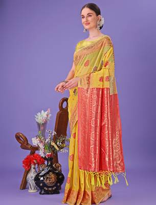 yellow linen cotton with jacquard work and zari weaving saree with blouse 3