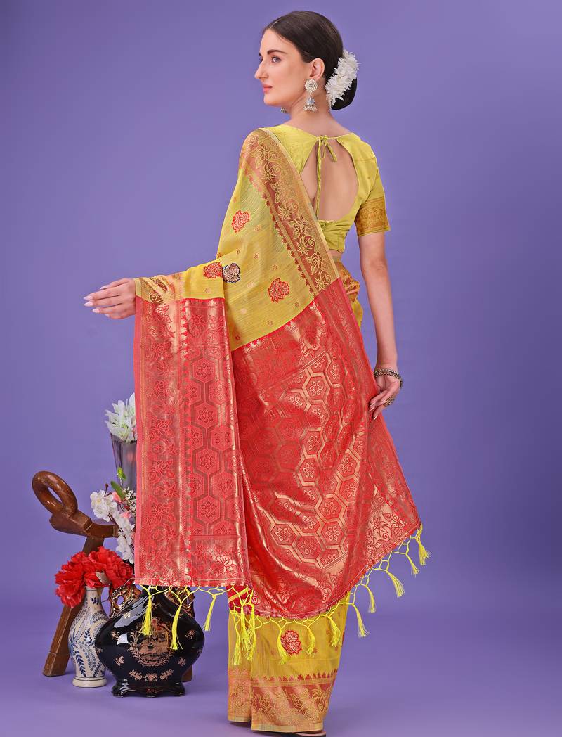 yellow linen cotton with jacquard work and zari weaving saree with blouse
