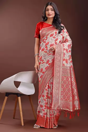 red linen cotton with jacquard work and zari weaving saree with blouse