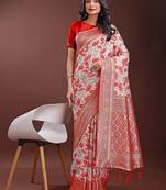 red linen cotton with jacquard work and zari weaving saree with blouse