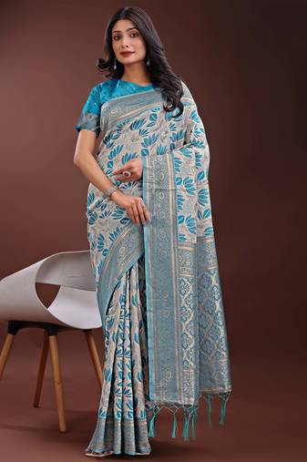 sea green linen cotton with jacquard work and zari weaving saree with blouse