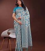 sea green linen cotton with jacquard work and zari weaving saree with blouse