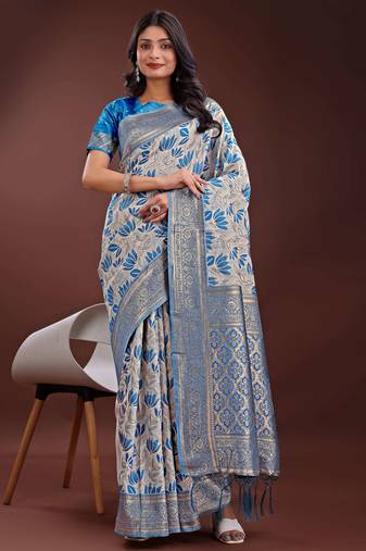 sky blue linen cotton with jacquard work and zari weaving saree with blouse