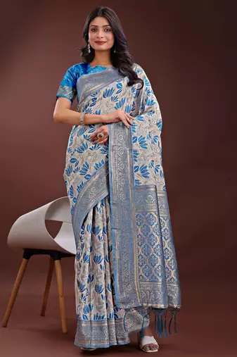 sky blue linen cotton with jacquard work and zari weaving saree with blouse