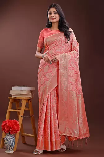 peach cotton with with jacquard work and zari weaving saree with blouse