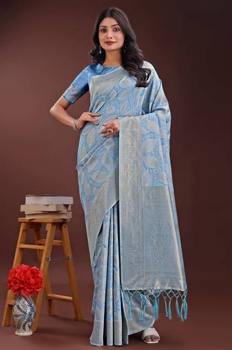 sky blue cotton with with jacquard work and zari weaving saree with blouse