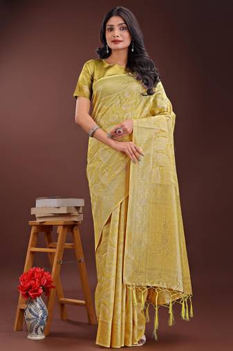 yellow cotton with with jacquard work and zari weaving saree with blouse