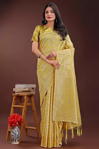 yellow cotton with with jacquard work and zari weaving saree with blouse