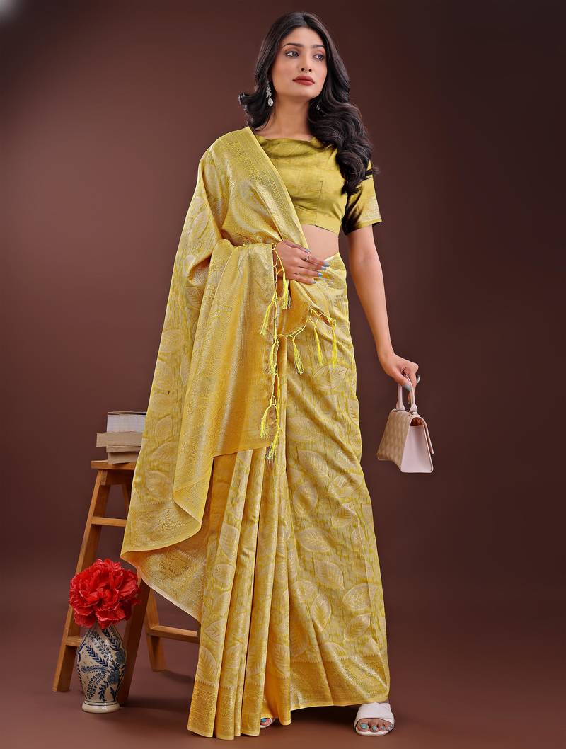 yellow cotton with with jacquard work and zari weaving saree with blouse