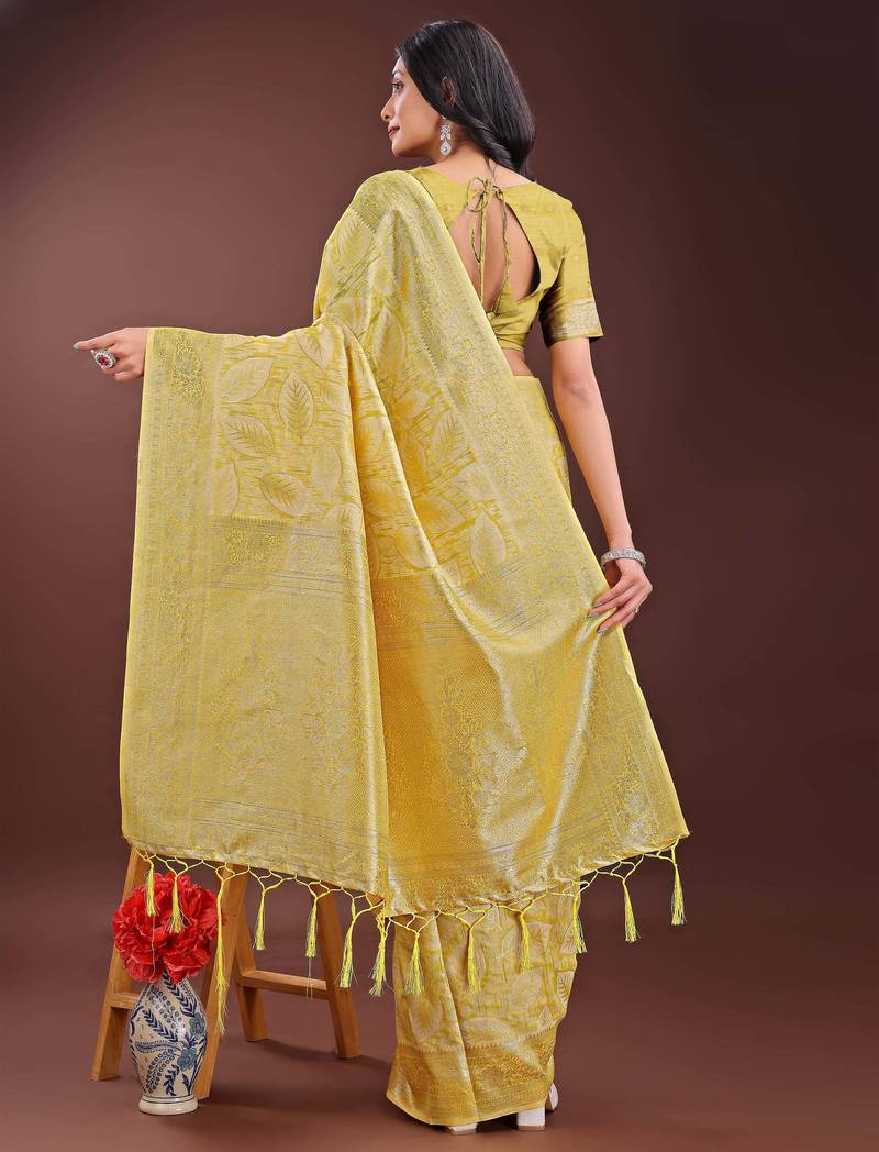 yellow cotton with with jacquard work and zari weaving saree with blouse