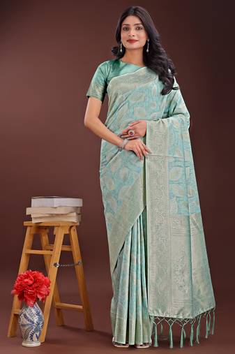 sea green cotton with with jacquard work and zari weaving saree with blouse