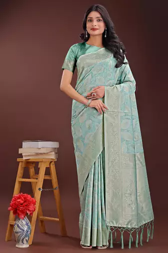 sea green cotton with with jacquard work and zari weaving saree with blouse