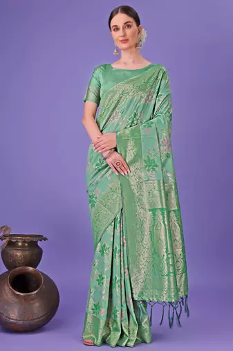 green cotton with with jacquard work and zari weaving saree with blouse