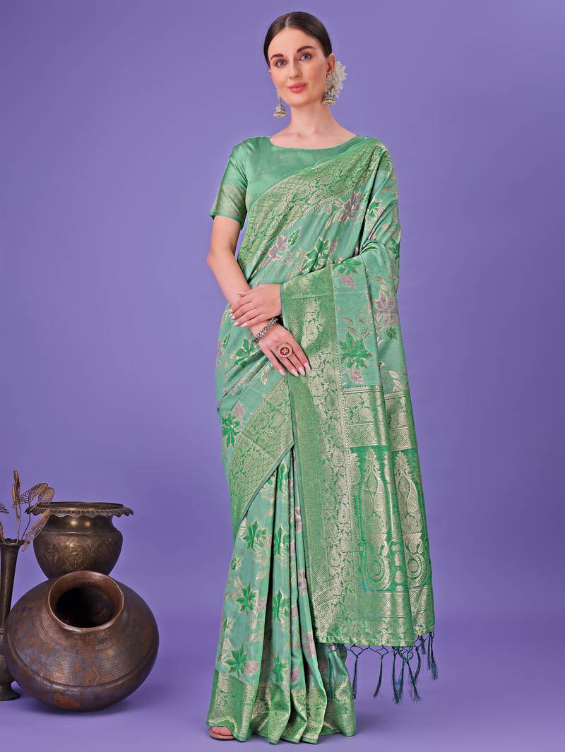 green cotton with with jacquard work and zari weaving saree with blouse