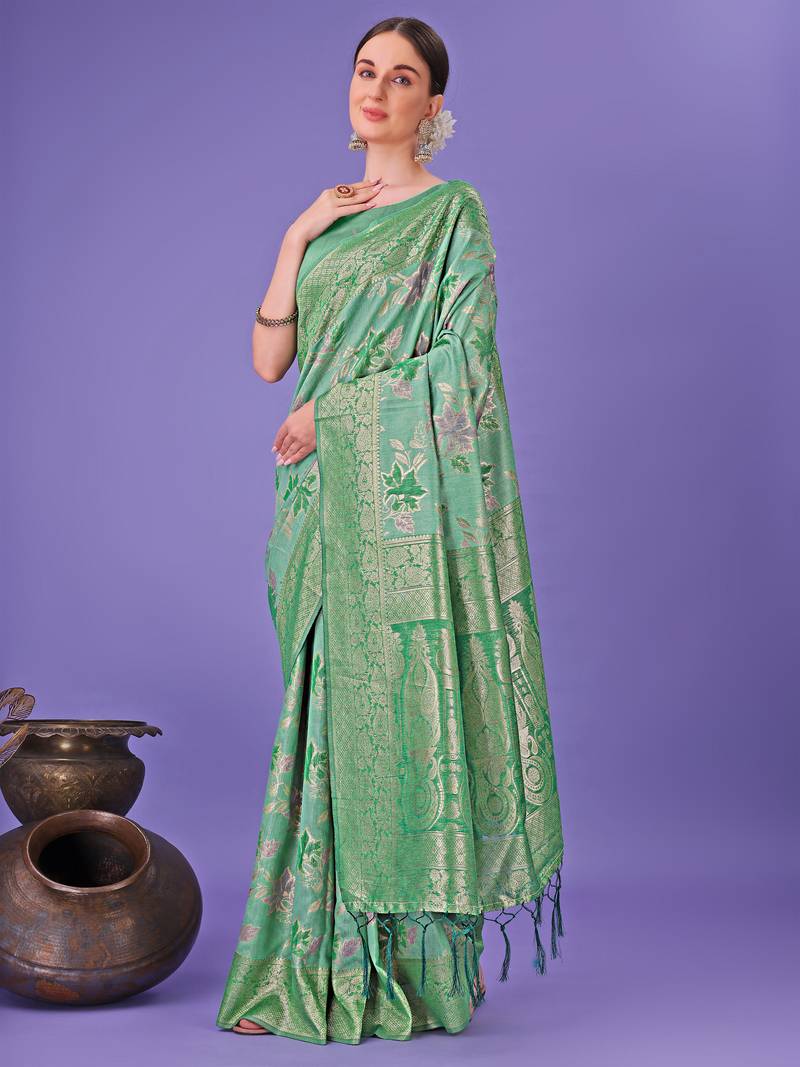 green cotton with with jacquard work and zari weaving saree with blouse