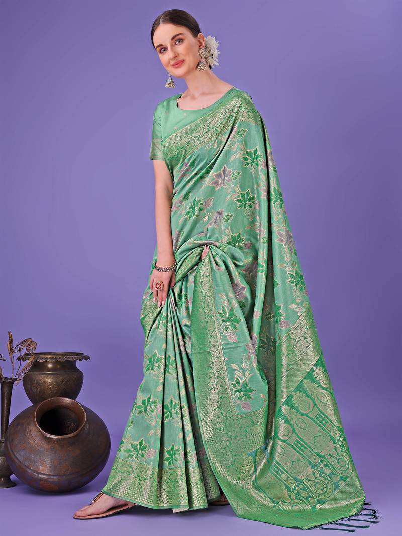 green cotton with with jacquard work and zari weaving saree with blouse