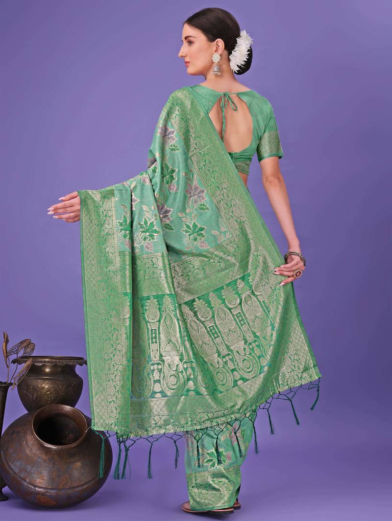 green cotton with with jacquard work and zari weaving saree with blouse