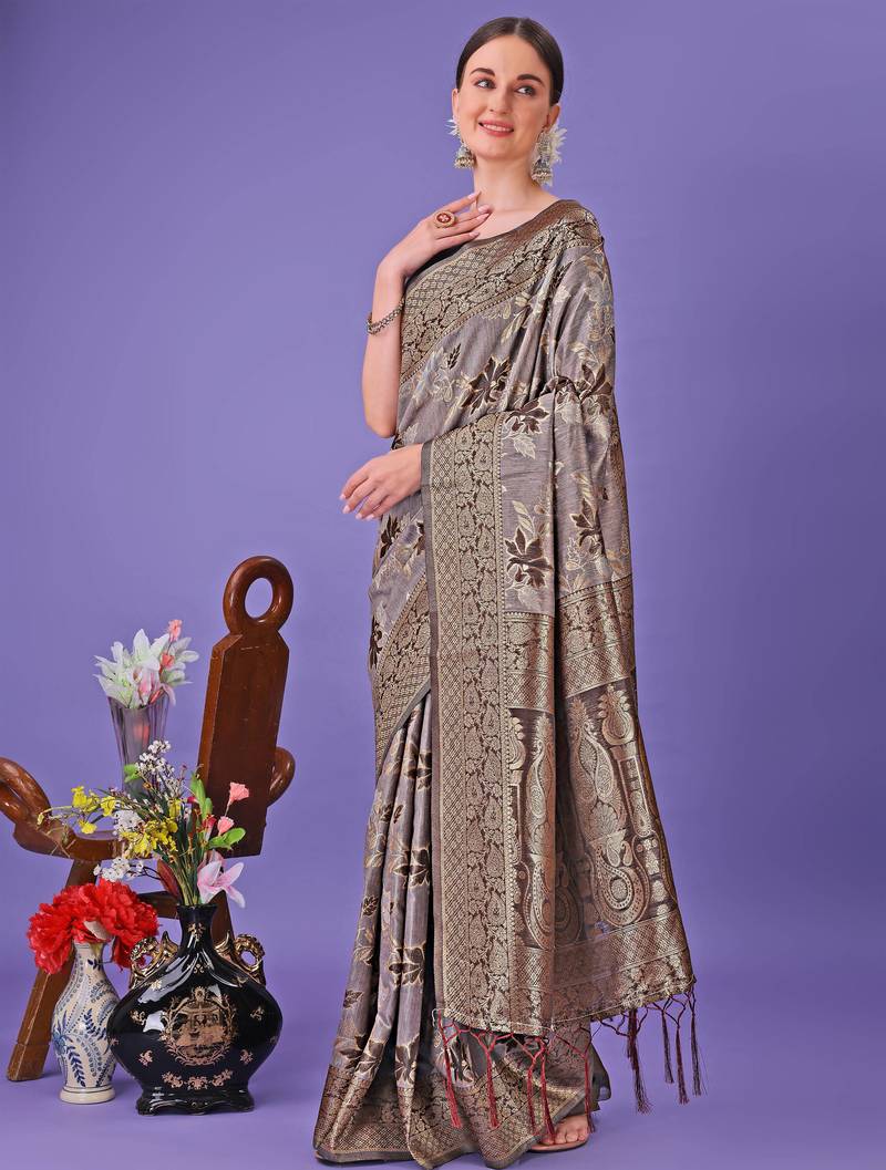 grey cotton with with jacquard work and zari weaving saree with blouse