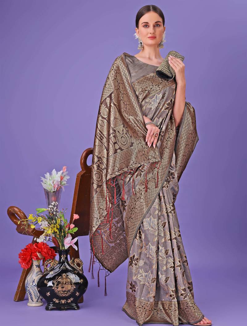 grey cotton with with jacquard work and zari weaving saree with blouse