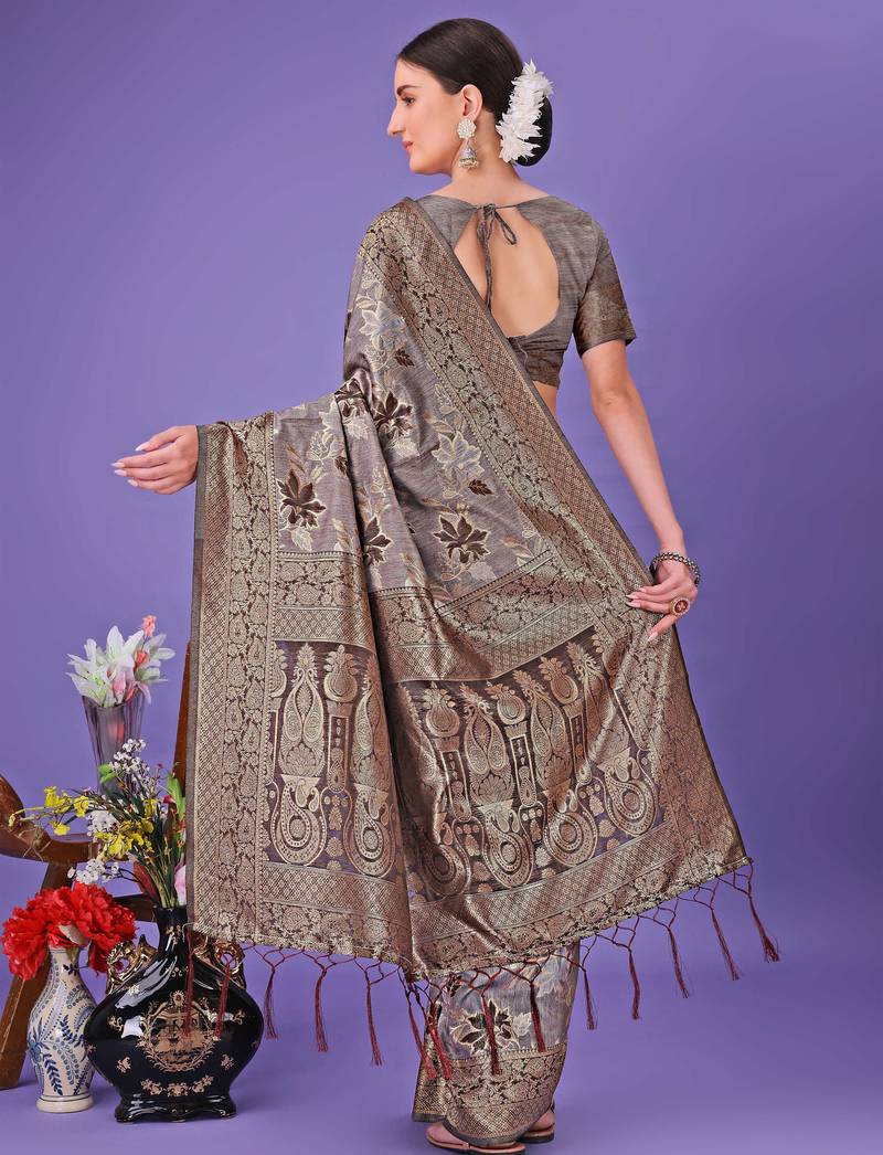 grey cotton with with jacquard work and zari weaving saree with blouse