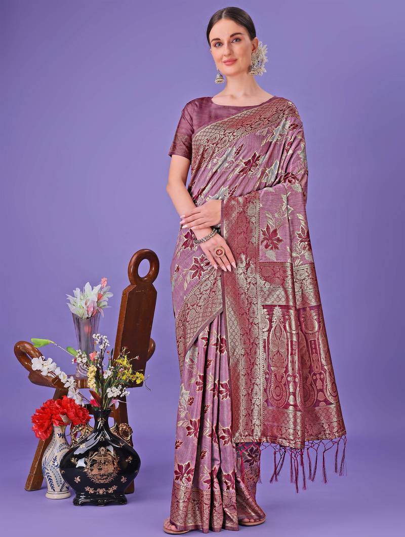 purple cotton with with jacquard work and zari weaving saree with blouse