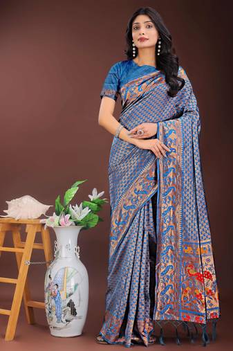 blue art silk fabric with jacquard work and zari weaving saree with blouse