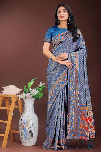 blue art silk fabric with jacquard work and zari weaving saree with blouse