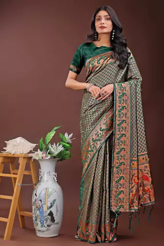 green art silk fabric with jacquard work and zari weaving saree with blouse