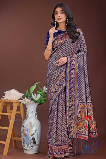 navy blue art silk fabric with jacquard work and zari weaving saree with blouse